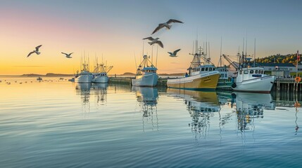 a serene harbor scene at dawn, with fishing boats moored along the quay and seagulls soaring overhead against a backdrop of pastel-colored skies reflected in the calm waters - obrazy, fototapety, plakaty