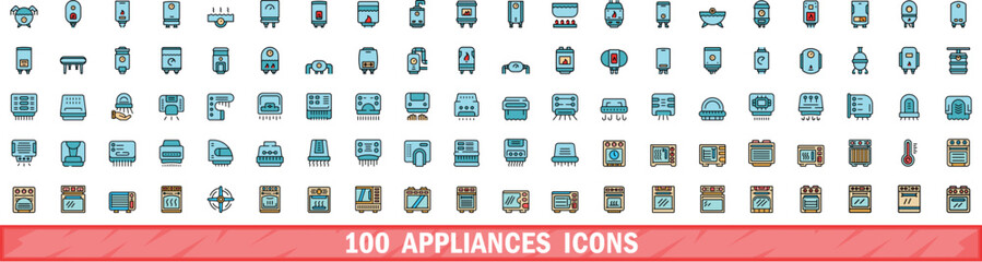 100 appliances icons set. Color line set of appliances vector icons thin line color flat on white