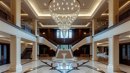 A grand foyer with a two-story ceiling and a cascading glass bead chandelier