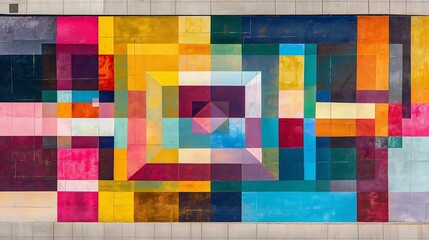 A panoramic shot of a geometric mural on an urban wall, its vibrant squares, and rectangles overlapping in a kaleidoscope of colors.