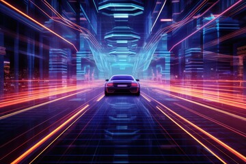 Fototapeta premium Drive through a futuristic city with holographic projections.