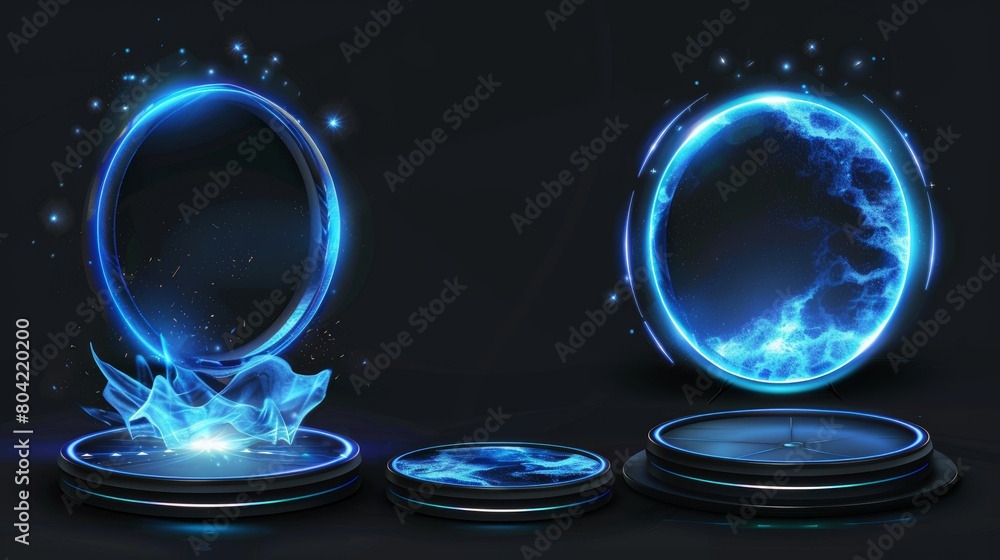 Poster modern realistic set of circle holograms, digital portal with neon light effect. teleport platform w