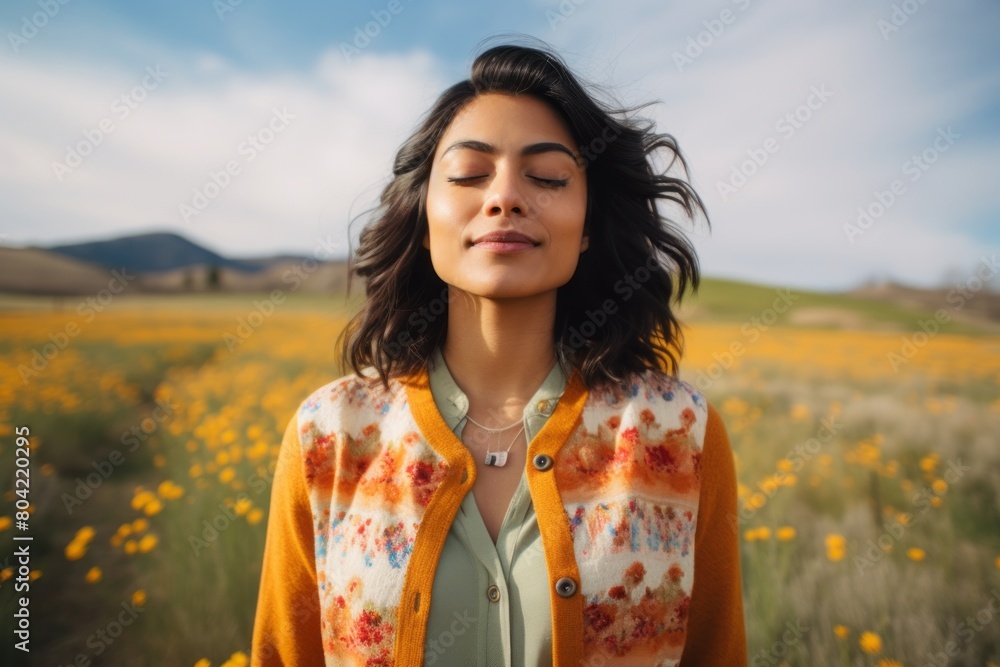 Wall mural Portrait of a blissful indian woman in her 20s wearing a chic cardigan isolated in bright spring meadow