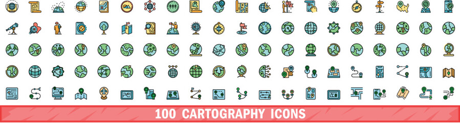 100 cartography icons set. Color line set of cartography vector icons thin line color flat on white