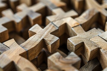 Close-up of interlocking wooden puzzle pieces, each with a unique geometric pattern, forming a cohesive whole