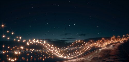 A panoramic shot of a light installation, with LED lights forming an ascending graph against the night sky. - Powered by Adobe