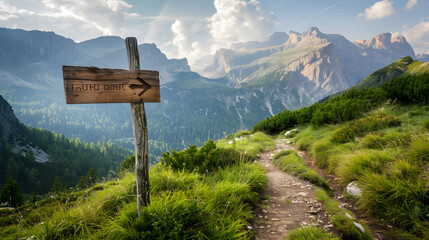 Inviting Tourist Trail in Mountains: an Arrow Signpost Leading the Way to a Fantastic Journey