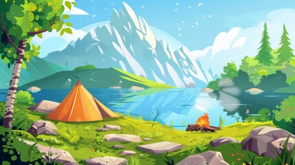 Illustration of a mountain landscape with camping near a lake. Modern illustration of a tent and campfire, beautiful background, a footpath on a green hill, rocks with glaciers on top, blue sunny