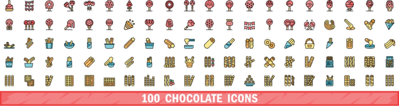 100 chocolate icons set. Color line set of chocolate vector icons thin line color flat on white