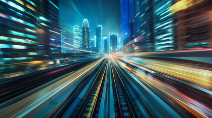 Obraz premium A city street with a blur of lights and buildings. The city is bustling with activity and the lights create a sense of movement and energy
