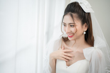Beautiful asian bride with fashion wedding hairstyle and makeup. Portrait of young gorgeous bride...