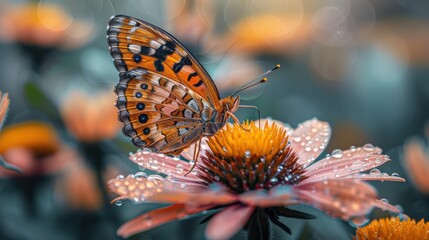 Macro shot of a vibrant butterfly on a wildflower, capturing the exquisite detail of its wings and...