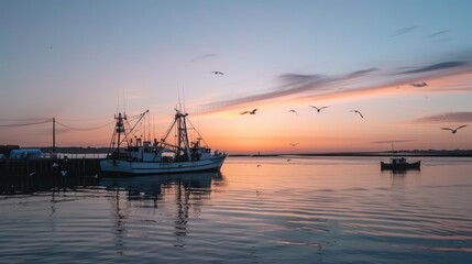 A serene harbor scene in the early morning light, with fishing boats gently swaying on the calm...