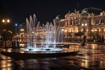 Fototapeta premium City square with a fountain and surrounding lights.