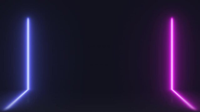 Introduction animation made of a vertical neon line bar splitting into two (blue and pink) with a 3D reflection on the floor (like a portal).