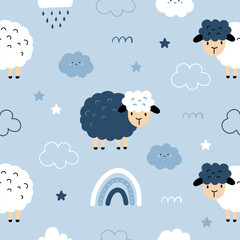 Seamless pattern with cute lamb and weather, cloud, rain, star for your fabric, children textile, apparel, nursery decoration, gift wrap paper. Vector illustration