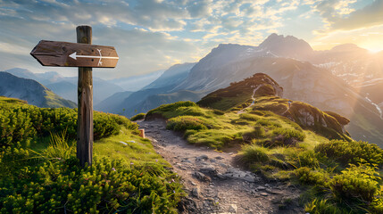 Inviting Tourist Trail in Mountains: an Arrow Signpost Leading the Way to a Fantastic Journey