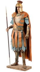 Fototapeta premium Ancient Thracian warrior in armor with weapons. White background, isolate. AI generated.