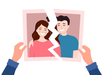 Hands holding a torn photo of loving couple in flat design. Broken heart concept. Love hurts. Breakup lover or divorced marriage.