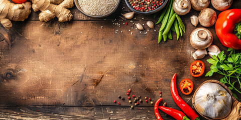 A wooden table with various vegetables and mushrooms, ginger and green onion.Food background, copy space, top view