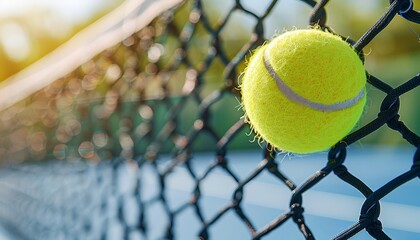 Tennis ball freeze frame  precision hitting net, epitomizing olympic sports essence