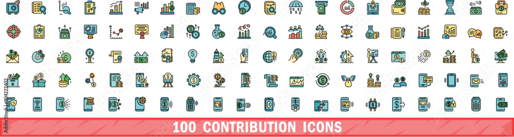 Sticker 100 contribution icons set. color line set of contribution vector icons thin line color flat on whit - Stickers