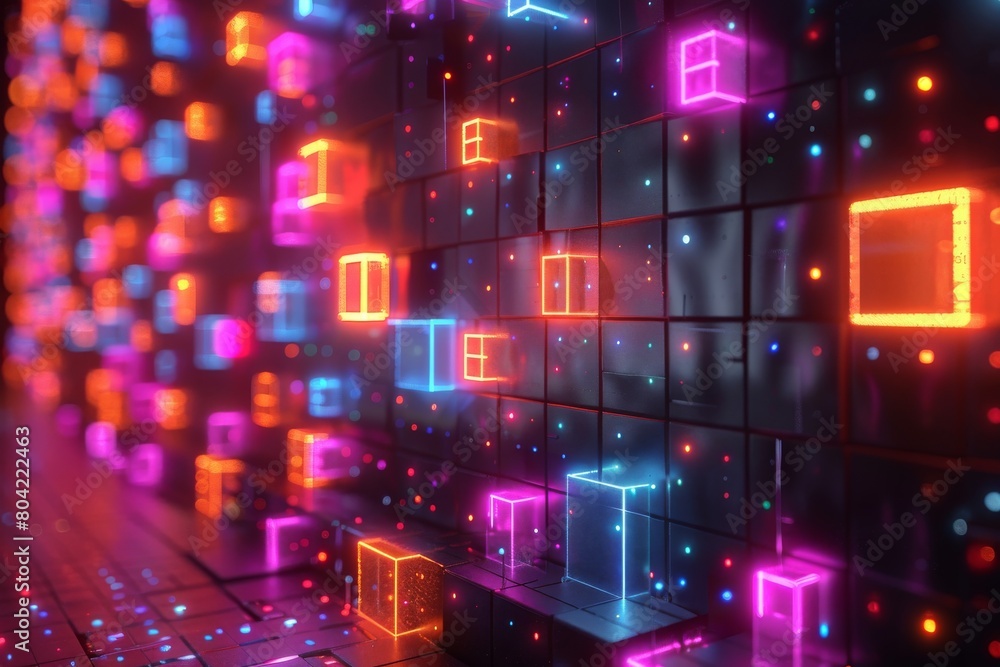 Aufkleber colorful neon lights creating a wall of glowing geometric shapes represent modern digital technology