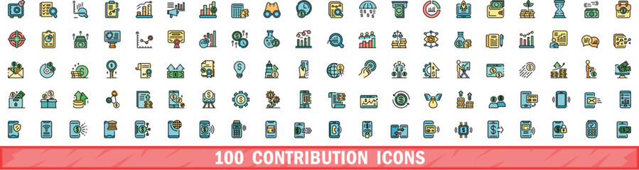 100 contribution icons set. Color line set of contribution vector icons thin line color flat on white