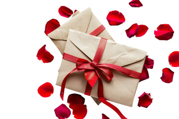 Love Letters Bound with Ribbon and Rose Petals On Transparent Background.