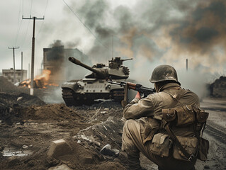 Soldier Watching Battle Amidst Smoke and Explosions