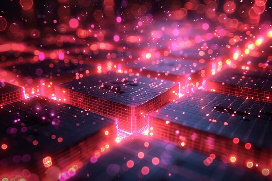 The imagery showcases a series of red shimmering data blocks on a binary code grid, symbolic of computing and data processing