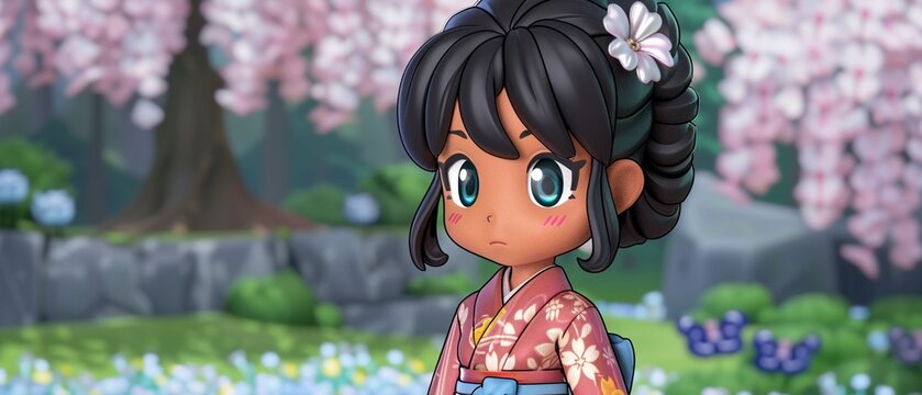 A kawaii girl doll, in 3D, wearing a traditional Japanese kimono