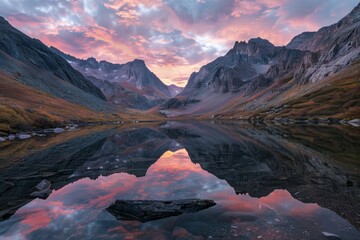 A wide-angle view of a tranquil alpine lake nestled among towering mountains under a cloudy sky, reflecting vibrant colors