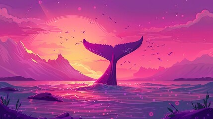 Cartoon illustration of humpback fin swimming in ocean water with mountain view. Landscape panorama of birds on purple pink skyline outdoors.