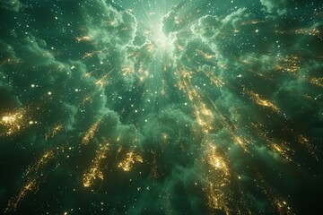 Fototapeta premium A cone-shaped burst of gold particles simulates a supernova or cosmic explosion in deep space