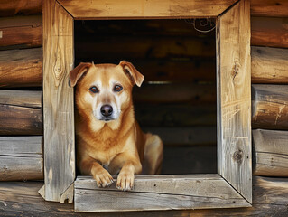 Watchful Dog in Wooden Kennel