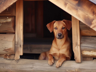 Dog Peeking from Under a Wooden Structure