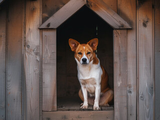 Corgi Sitting in a Wooden Doghouse