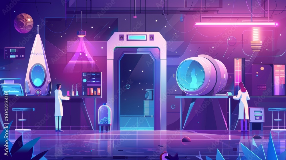 Poster imaginary spaceship lab room interior with door inside background. rocket or shuttle station with sc