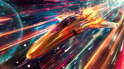 a high-speed space journey, rendered in stunning detail with vibrant colors and intricate 3D effects, capturing the essence of futuristic transportation.