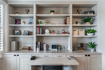A sleek and organized home office featuring built-in shelving units and a desk for workspace efficiency