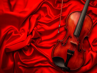 Violin with Bow on Red Silk Drapery