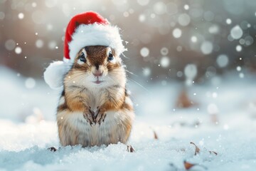 A chipmunk juvenile, any gender, explores a winter wonderland while dressed in a miniature Santa hat, set against a snowy backdrop