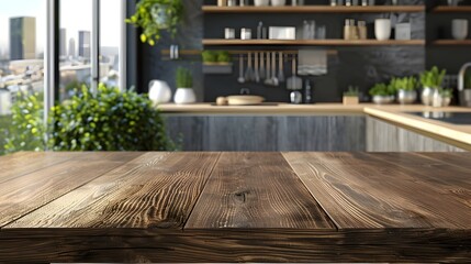 Minimalist Wooden Tabletop with Blurred Modern Kitchen Interior Exuding Elegant Design and Copy Space