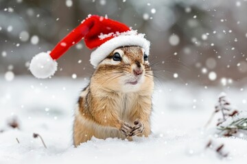 A chipmunk juvenile, any gender, explores a winter wonderland while wearing a miniature Santa hat in the snow