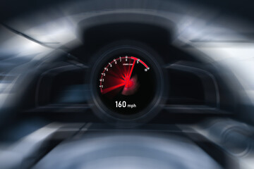 Drive at high speed with tachometer displayed on car instrument panel , red illuminated display , Vehicle concept.