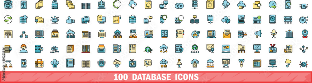 Poster 100 database icons set. color line set of database vector icons thin line color flat on white