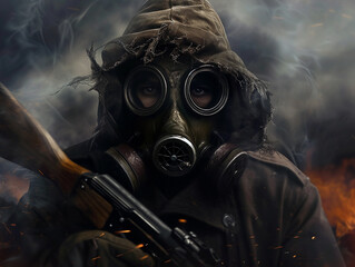 Armed Soldier in Gas Mask in a Fiery Battlefield