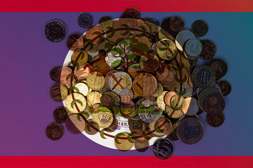 Belize economic situation, financial values with coins, Belize flag with changes, news banner idea