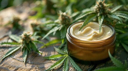 A close up image showcasing a glass jar filled with a natural organic cosmetic cream Surrounding the jar are scattered hemp leaves